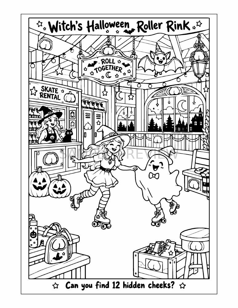 Sample coloring page: Witch's Halloween Roller Rink