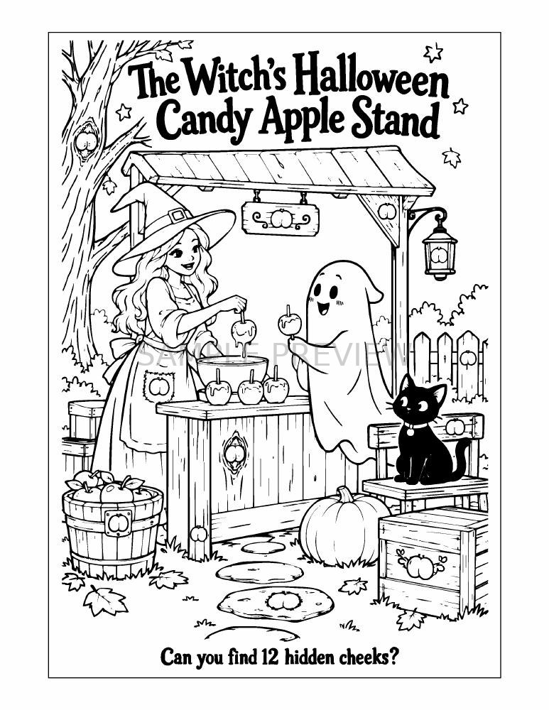 Sample coloring page: The Witch's Halloween Candy Apple Stand